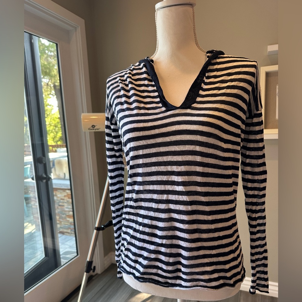 Navy and White Striped Lightweight Hooded Sweater